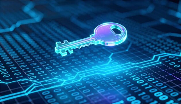 glowing digital key on blockchain code for secure automation perfect for safer internet day