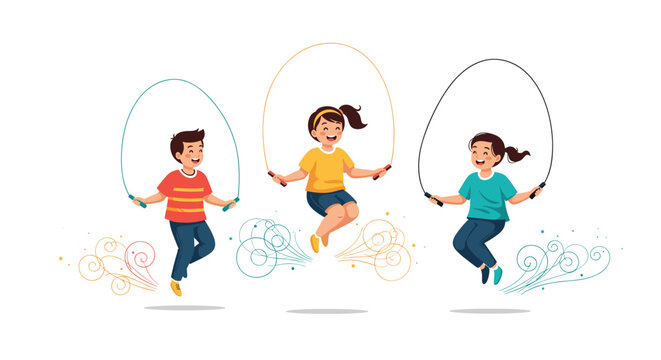 Three happy children joyfully jump rope together, engaging in a fun and healthy outdoor activity.