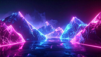 Neon-lit jagged mountains reflect on a watery surface under a starlit sky