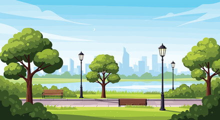 Peaceful city park scene with green trees benches and a calm lake with a modern city skyline in the background.