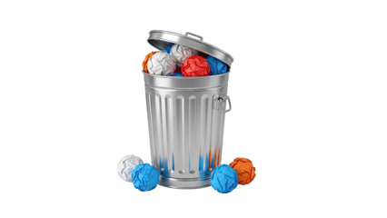 Trash can overflowing with crumpled paper balls