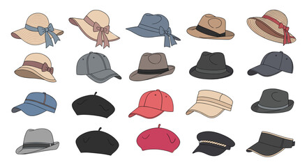 Extensive collection of different hat styles for men and women including fedoras caps berets and sun hats for fashion design.