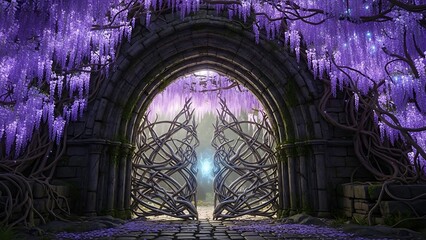 Enchanted ancient stone archway draped in vibrant purple wisteria vines opens to light