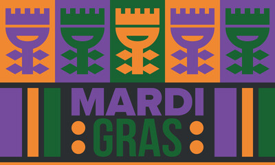 Fototapeta premium Mardi Gras Carnival in New Orleans. Fat Tuesday. Traditional holiday, celebration annual. Folk festival, costume masquerade, fun party. Carnival mask. Poster, card, banner and background. Vector