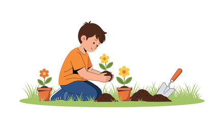 Young boy kneeling on the grass planting flowers in a garden with a small shovel for hobby and nature themes.