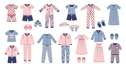 Selection of children pajamas and sleepwear sets with various patterns and accessories like masks and slippers for comfort.