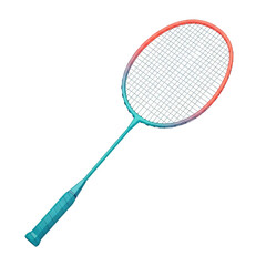Close-up of a colorful badminton racket against a white background.