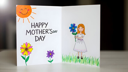 Naklejka premium Handmade mother's day card with colorful flowers and girl