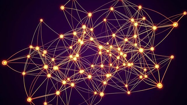 Abstract golden technology network background with connected glowing dots and lines. Digital big data, AI neural network, and virtual communication concept vector illustration.