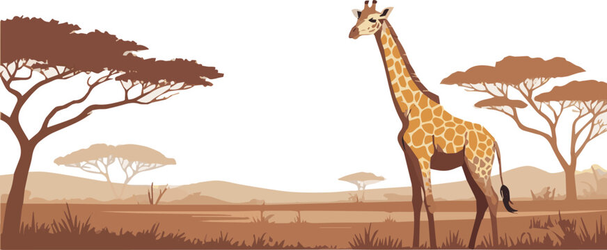 Create African landscape, Savannah desert banner with giraffe natural view t shirt design.