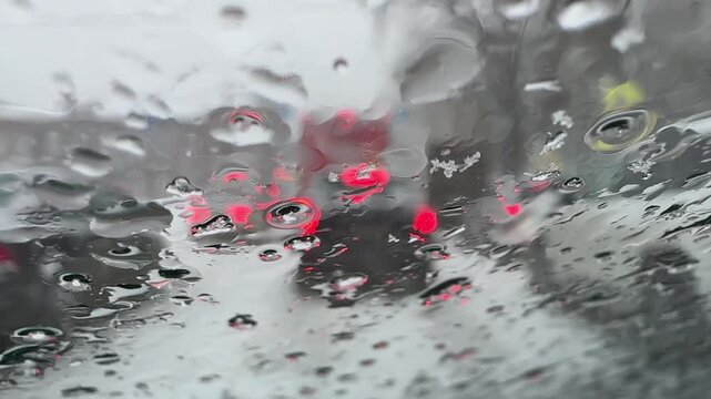 View from car windshield in snowy weather, wipers not working, raindrops and snow blurring the road ahead and reducing visibility.