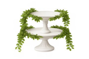 White ceramic two-tier cake stand gracefully decorated with lush green vines, ready for elegant dessert display
