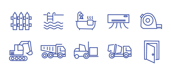 Construction icon set. Containing labor, crane, engineering, equipment, helmet, tool, builder, labour day, renovation architecture, plumbing and more. Editable line icons. Vector illustration. © RosieLily