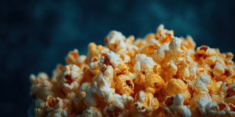 National Popcorn Day Close up texture of fluffy golden seasoned popcorn kernels contrasting with a moody dark teal color Cinema Snack Vibes, Popcorn Lover Day