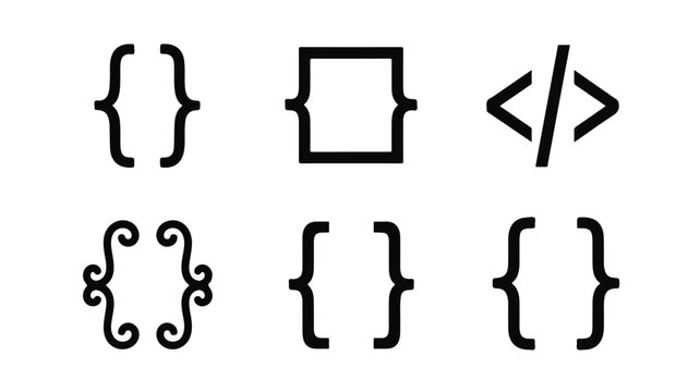 Black and white illustration of various curly and straight bracket symbols on a plain white background.