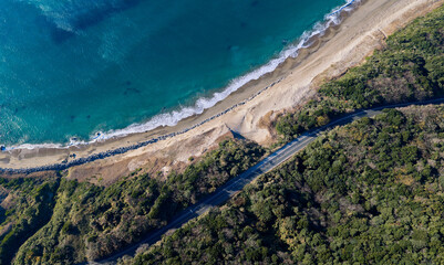 Turquoise Pacific Shoreline and Coastal Road, Aerial View, Atsumi Peninsula, Japan