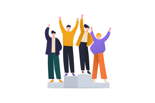 Winning moment : a group of individuals exults from a podium. Their arms raised in triumphant celebration