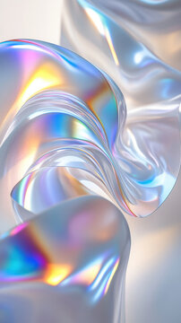 Iridescent flowing fabric texture with soft metallic sheen and rainbow highlights, graceful abstract curves evoke calm and delicate motion