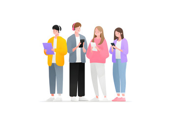 Obraz premium Modern Connection: A group of individuals is engrossed in the latest technology, smartphones and tablets. capturing the essence of the digital age.