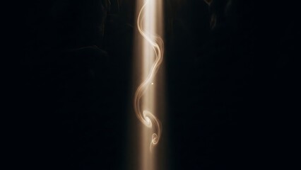 A bright light beam with swirling abstract patterns in the darkness, creating a sense of mystery and intrigue with a warm glow and dynamic with energy
