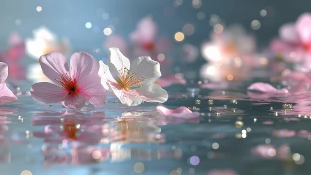 水面に浮かぶ桜の花びらとゆらめく波紋　幻想的でおしゃれな春の背景動画素材