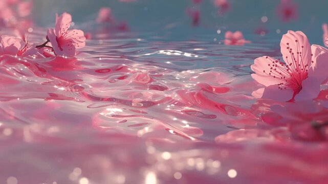 水面に浮かぶ桜の花びらとゆらめく波紋　幻想的でおしゃれな春の背景動画素材
