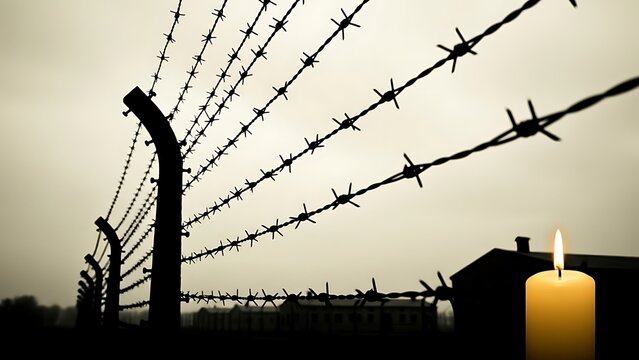 A lone lit candle stands before a silhouette of barbed wire fence at dusk symbolizing hope and remembrance with symbolic and emotional with memorial
