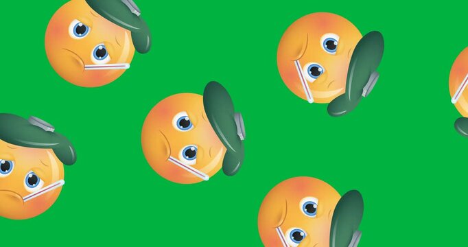 Digital animation of multiple sick face emojis floating against black background