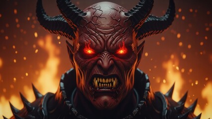 A demonic creature with horns and glowing red eyes