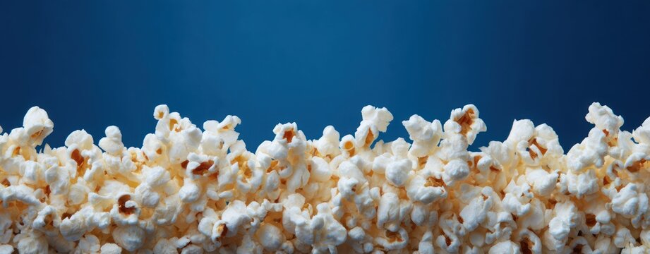 National Popcorn Day Fluffy white popcorn forming a dense bottom border against a solid deep blue backdrop Cinema Snack Vibes, Popcorn Lover Day