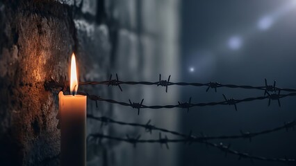 A lit candle beside barbed wire in a dark room with a brick wall and blurred background, symbolizing hope and remembrance in a somber with atmosphere