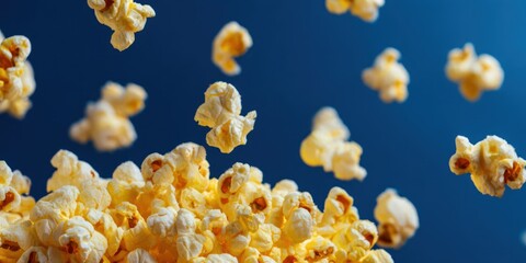 National Popcorn Day Heap of buttered popcorn with pieces dynamically floating and falling against a dark blue surface Cinema Snack Vibes, Popcorn Lover Day