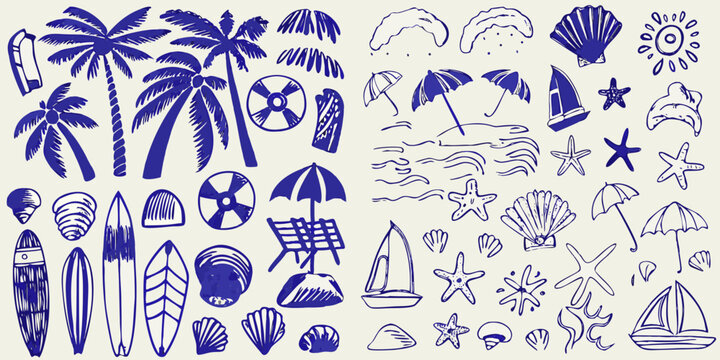 A collection of hand drawn blue summer and beach themed illustrations