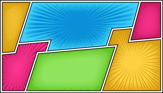 Colorfull comic cartoon panel background template with rays and halftone effect