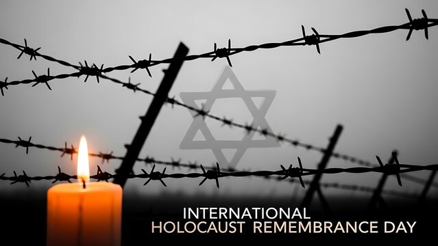 International holocaust remembrance day memorial background with candle and barbed wire fence with memory and tribute and mourning and Star with loss