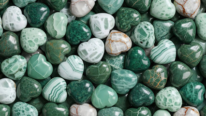 Heart shapes made of green and white polished stones. Natural mineral quartz for crystal healing. Love and wellness concept for Valentine day.