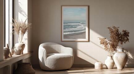 Dune grass coastal landscape art on textured wall in neutral room interior styling product display