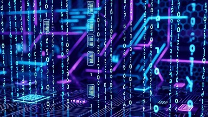 Abstract digital binary code and circuit board background with blue and purple neon glowing lines. Futuristic technology texture symbolizing big data, artificial intelligence, and cyber security for s - Powered by Adobe