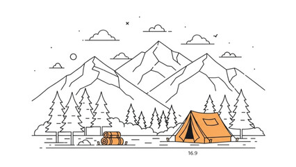 A serene winter camping scene with a tent and truck in the mountains surrounded by trees and snow