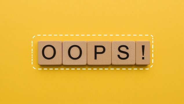 Illuminated wooden letter tiles spell out the word 'OOPS!' on a vibrant yellow backdrop, creating a visually striking and memorable message