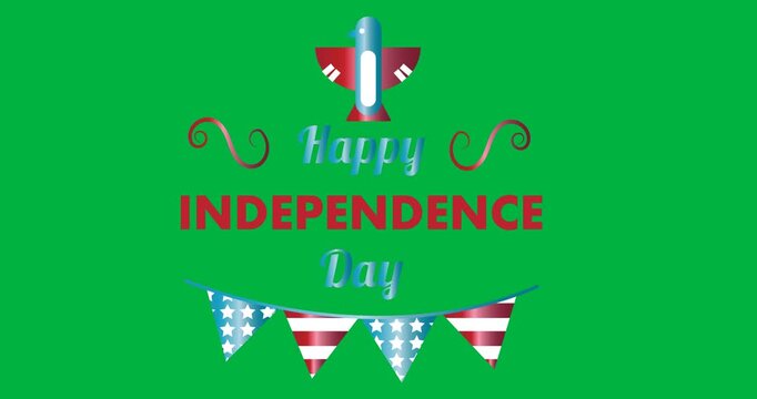 Independence day text over american flag and decorations icons against black background