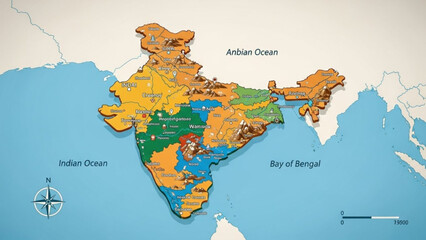 Detailed map of india with states and territories, indian ocean and bay of bengal, colorful topographic illustration with India map and topographic map