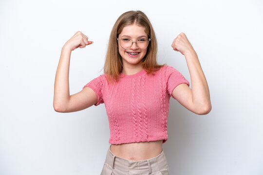 Teenager Russian girl isolated on white background doing strong gesture