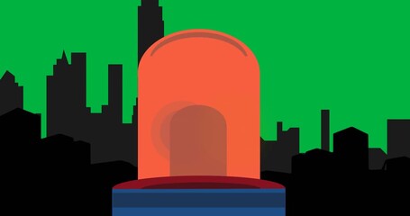 American flag design over happy labor text over flashing siren against cityscape on black background