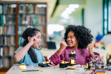 Fototapeta premium Two students show excitement after completing robotics activity together, surrounded by wires, robot parts, learning tools, STEM education, skills, happiness, motivation, classroom innovation moment.