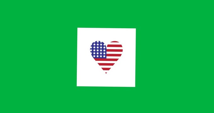 American flag design over heart icon over white square banner against black background