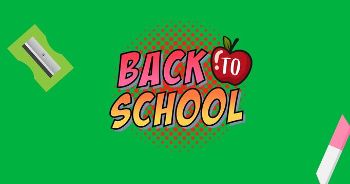 Sharpener and eraser icons over back to school text banner against black background