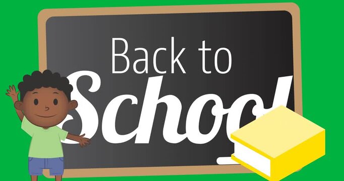 School boy and yellow notebook icons against back to school text on wooden slate