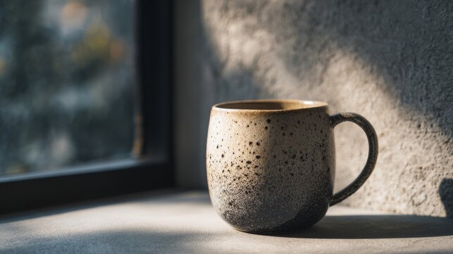 A minimalist composition featuring ceramic mugs on a table with soft natural light.