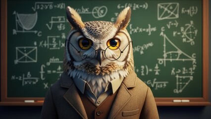 Owl wearing glasses and suit standing in front